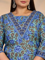 Thumbnail for Yufta Rama Green And Blue Floral Sequins Work Straight Plus Size Kurta Trouser Dupatta Set - Distacart