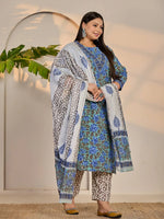 Thumbnail for Yufta Rama Green And Blue Floral Sequins Work Straight Plus Size Kurta Trouser Dupatta Set - Distacart