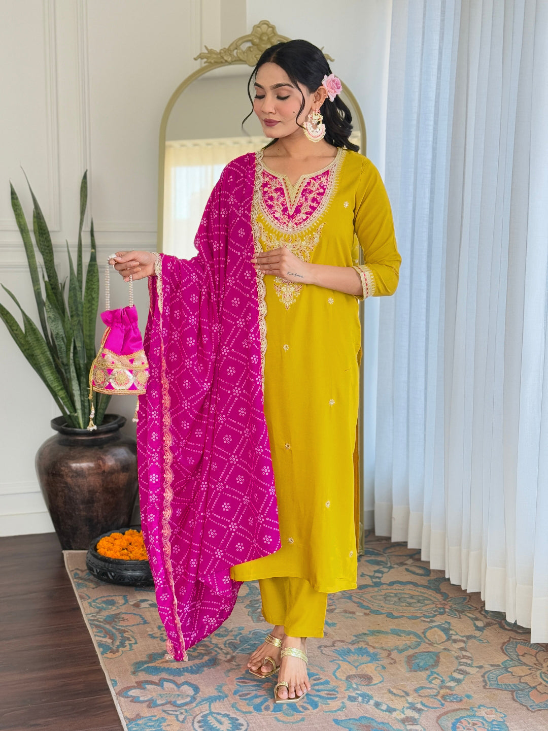 The52 Women's Embroidered Viscose Fabric Straight Kurta, Pant and Dupatta Set