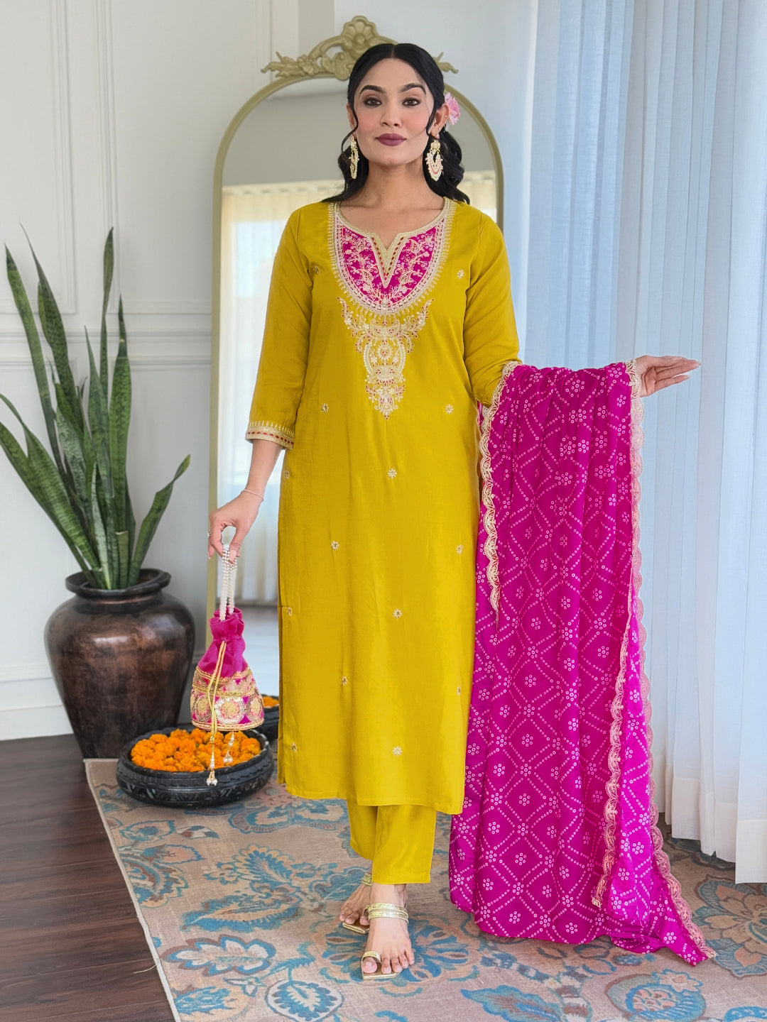 The52 Women's Embroidered Viscose Fabric Straight Kurta, Pant and Dupatta Set