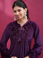 Thumbnail for Vishudh Purple Floral Embroidered Sequined Straight Kurta - Distacart