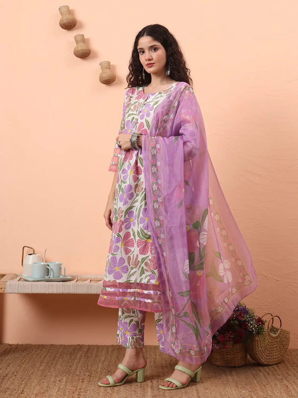 Yufta White And Purple Floral Sequins Work Aline Kurta Trouser Dupatta Set - Distacart