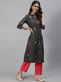 Thumbnail for Aks Floral Embroidered Mandarin Collar Thread Work Detailed Straight Kurta with Trousers - Distacart