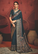 Thumbnail for Joban Fashion Teal Blue Art Silk With Fine Viscose Border Ajrak Full Body Print With Soft Finish Saree