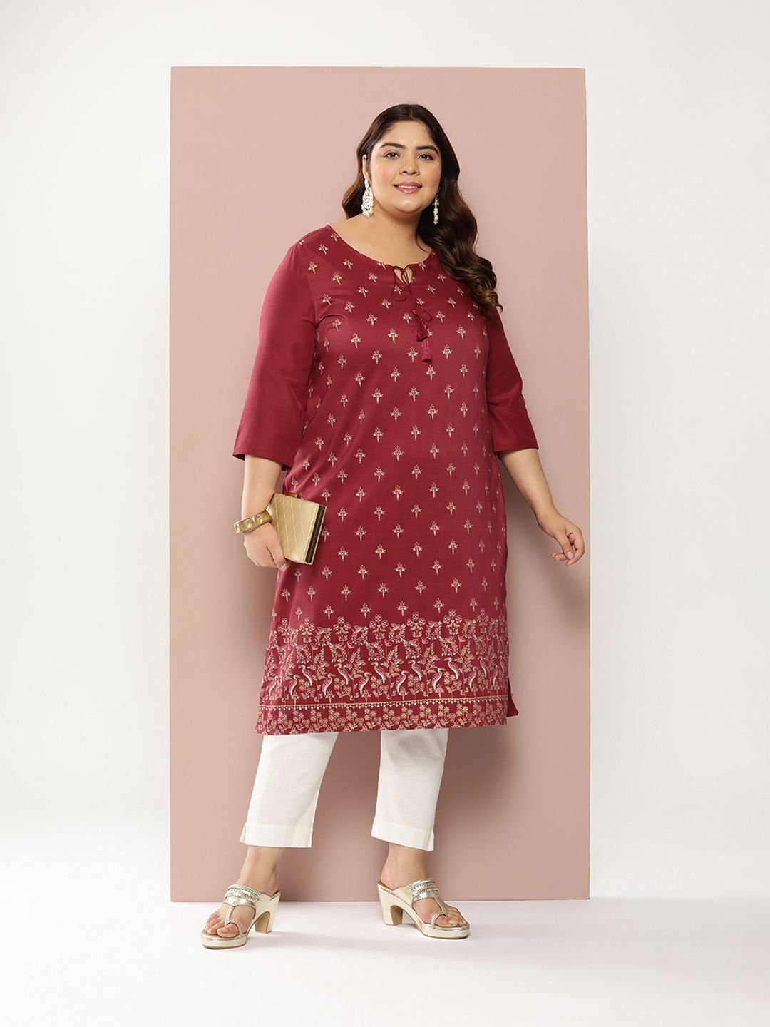 Sztori Plus Size Foil Print Tie-Up Neck Kurta - Distacart