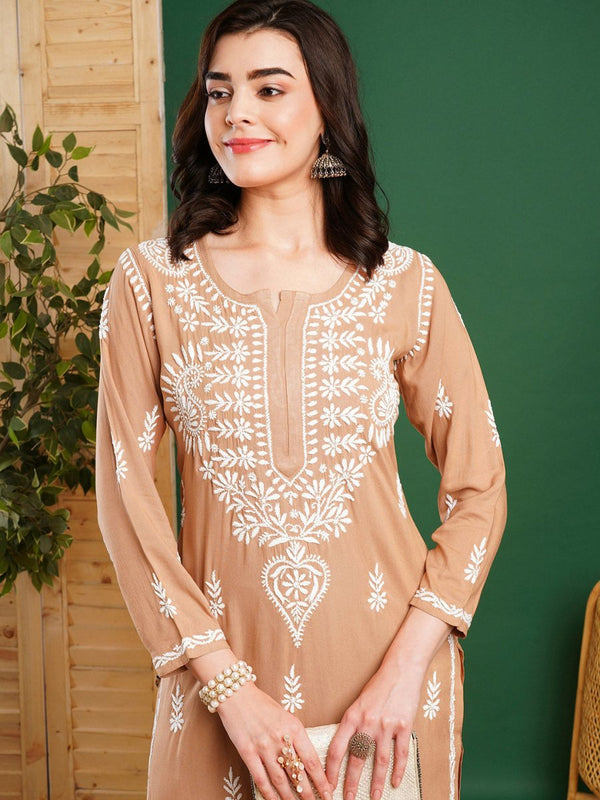 ADA Ethnic Motifs Embroidered Chikankari Kurta with Trousers - Distacart