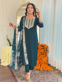 Thumbnail for Lyush Women's Sweetheart Neck Embroidered Work Bsy Viscose Fabric Kurta & Pant With Dupatta Set - Teal