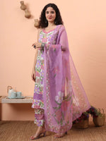 Thumbnail for Yufta White And Purple Floral Print Lace Work Straight Kurta Trouser Dupatta Set - Distacart