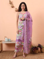 Thumbnail for Yufta White And Purple Floral Print Lace Work Straight Kurta Trouser Dupatta Set - Distacart