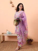 Thumbnail for Yufta White And Purple Floral Print Lace Work A-Line Kurta Trouser Dupatta Set - Distacart