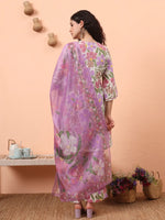 Thumbnail for Yufta White And Purple Floral Print Lace Work A-Line Kurta Trouser Dupatta Set - Distacart