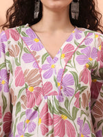 Thumbnail for Yufta White And Purple Floral Print Lace Work A-Line Kurta Trouser Dupatta Set - Distacart