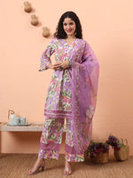 Thumbnail for Yufta White And Purple Floral Print Lace Work A-Line Kurta Trouser Dupatta Set - Distacart