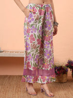Thumbnail for Yufta White And Purple Floral Print Lace Work A-Line Kurta Trouser Dupatta Set - Distacart