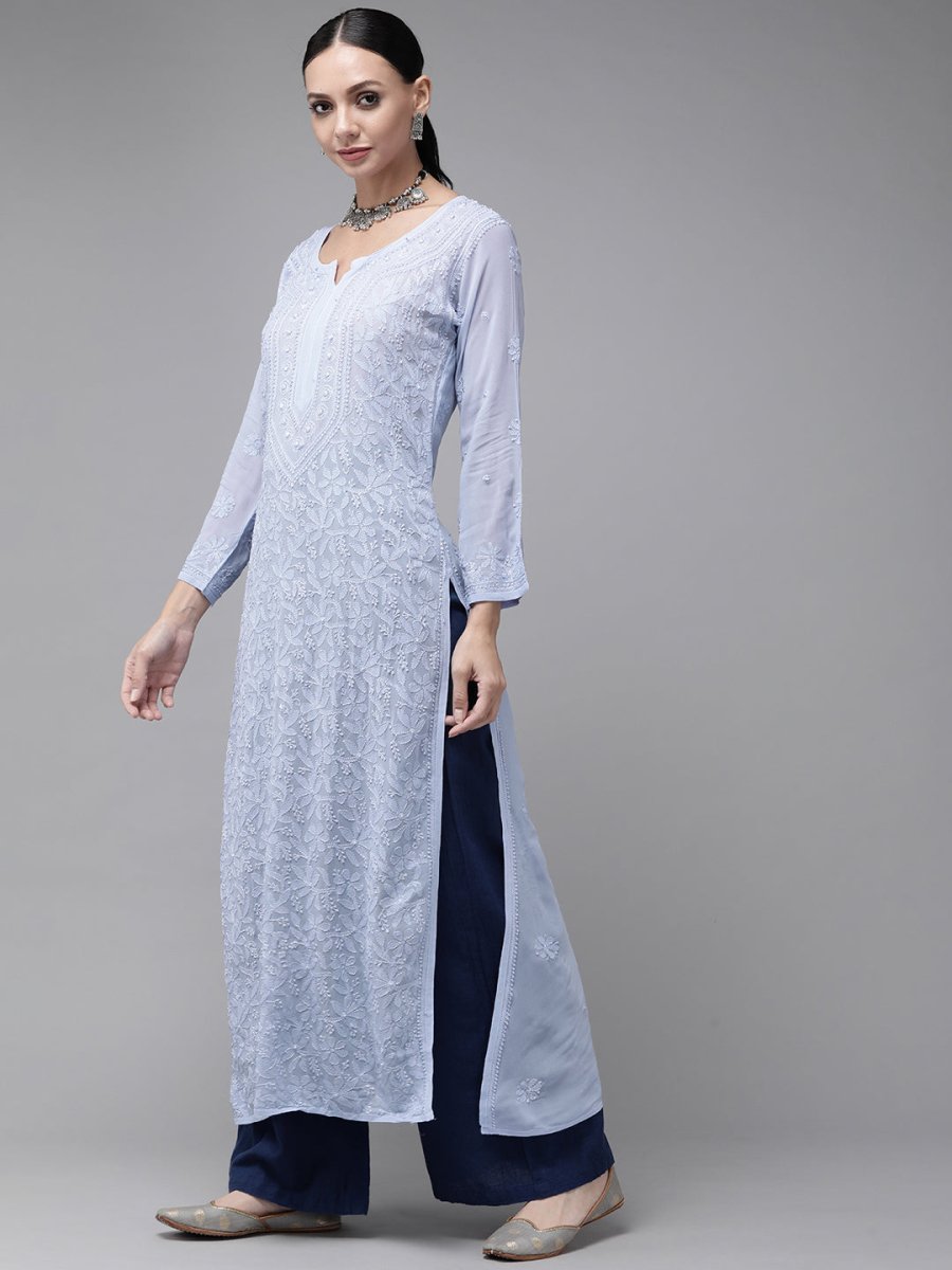 ADA Women Blue & Blue Ethnic Motifs Embroidered Chikankari Georgette Kurta - Distacart