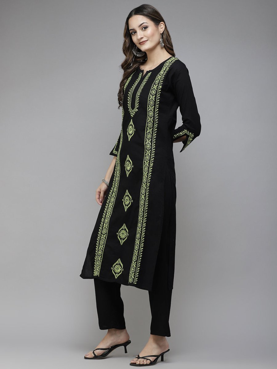 ADA Women Black & Green Ethnic Motifs Embroidered Chikankari Handloom Handloom Kurta - Distacart