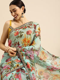 Thumbnail for Anouk Sea Green & Yellow Pure Georgette Floral Printed Saree - Distacart