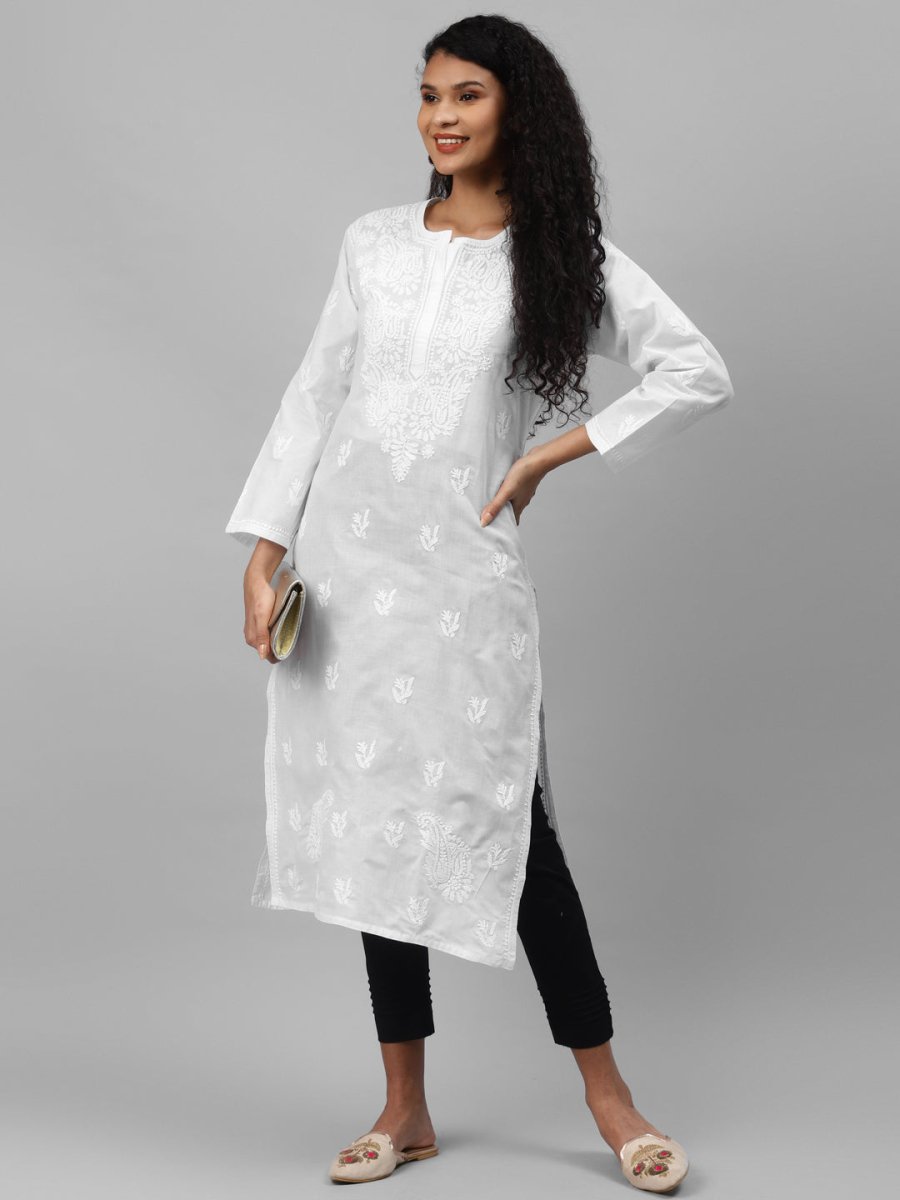 ADA Women White & Black Paisley Embroidered Chikankari Handloom Kurta with Trousers - Distacart