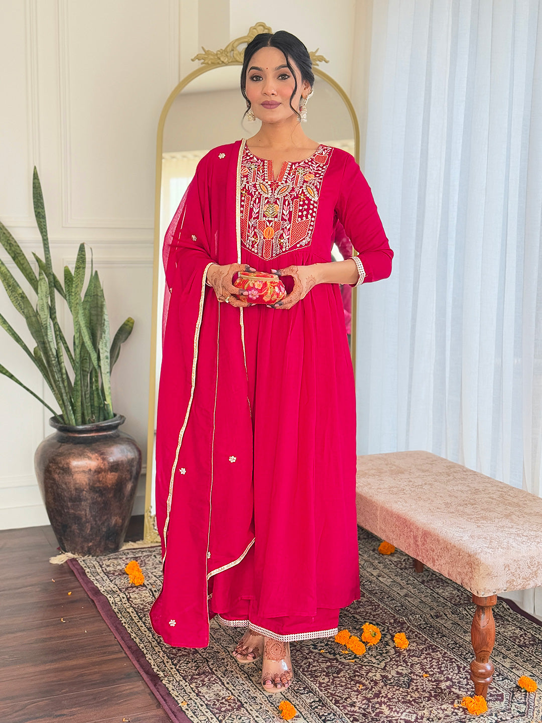 Lyush Women's Henley Neck Sequence Thread Work Vichitra Silk Fabric Kurta Pant Set Comes With Dupatta - Red