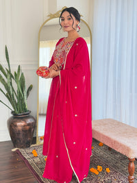 Thumbnail for Lyush Women's Henley Neck Sequence Thread Work Vichitra Silk Fabric Kurta Pant Set Comes With Dupatta - Red