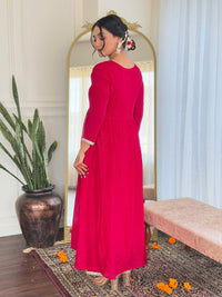 Thumbnail for Lyush Women's Henley Neck Sequence Thread Work Vichitra Silk Fabric Kurta Pant Set Comes With Dupatta - Red