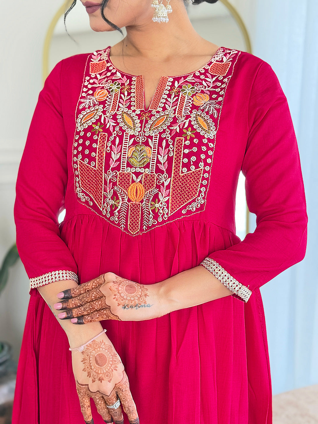 Lyush Women's Henley Neck Sequence Thread Work Vichitra Silk Fabric Kurta Pant Set Comes With Dupatta - Red