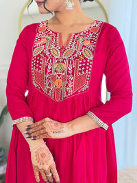 Thumbnail for Lyush Women's Henley Neck Sequence Thread Work Vichitra Silk Fabric Kurta Pant Set Comes With Dupatta - Red