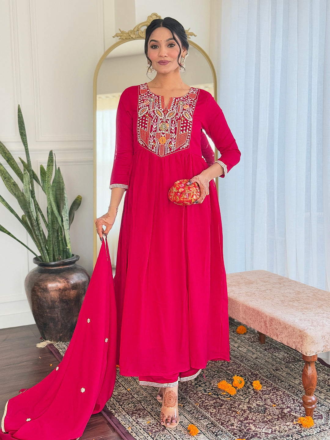Lyush Women's Henley Neck Sequence Thread Work Vichitra Silk Fabric Kurta Pant Set Comes With Dupatta - Red