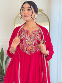 Thumbnail for Lyush Women's Henley Neck Sequence Thread Work Vichitra Silk Fabric Kurta Pant Set Comes With Dupatta - Red