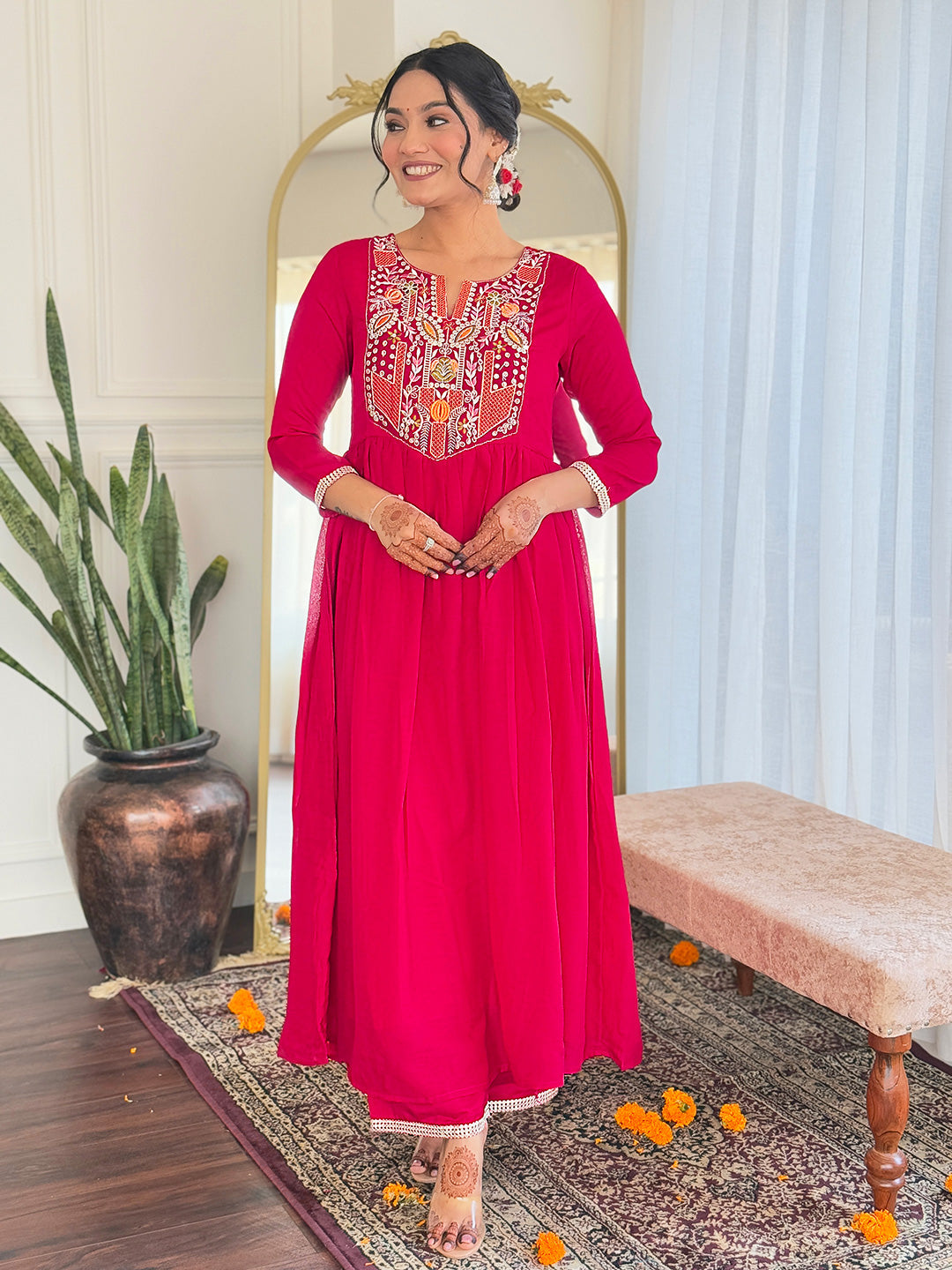 Lyush Women's Henley Neck Sequence Thread Work Vichitra Silk Fabric Kurta Pant Set Comes With Dupatta - Red
