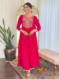 Thumbnail for Lyush Women's Henley Neck Sequence Thread Work Vichitra Silk Fabric Kurta Pant Set Comes With Dupatta - Red