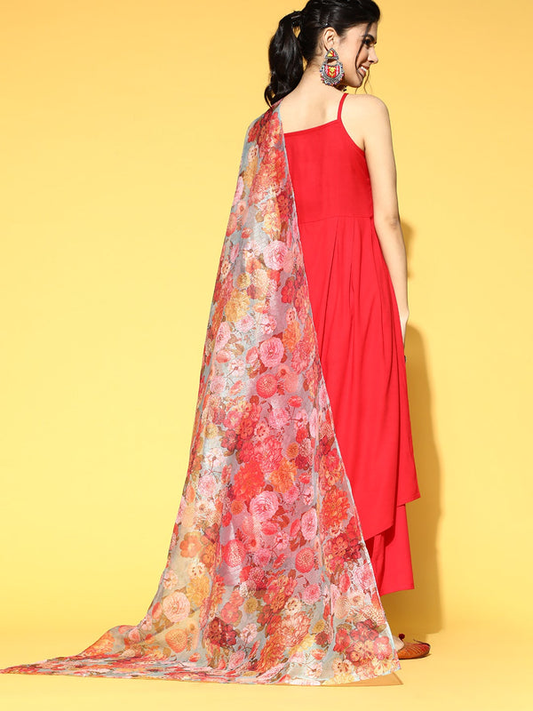 InWeave Strappy Set In Red With Organza Dupatta - Distacart