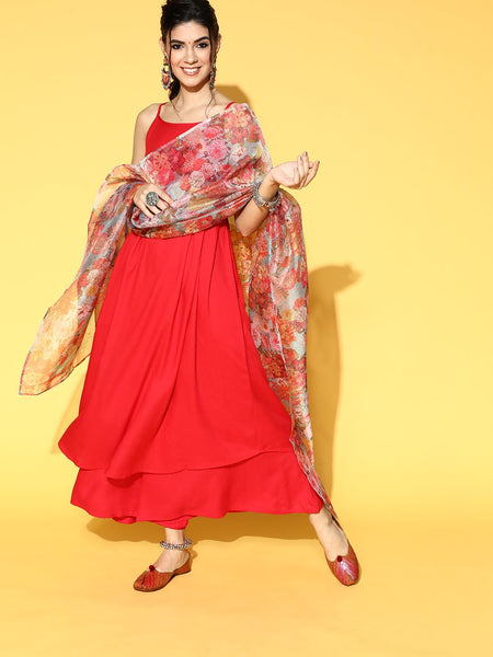 InWeave Strappy Set In Red With Organza Dupatta - Distacart