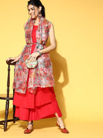 Thumbnail for InWeave Strappy Set In Red With Organza Dupatta - Distacart