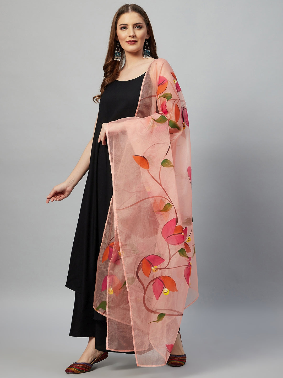 InWeave Black Strappy Set With Peach Hand Print Dupatta - Distacart