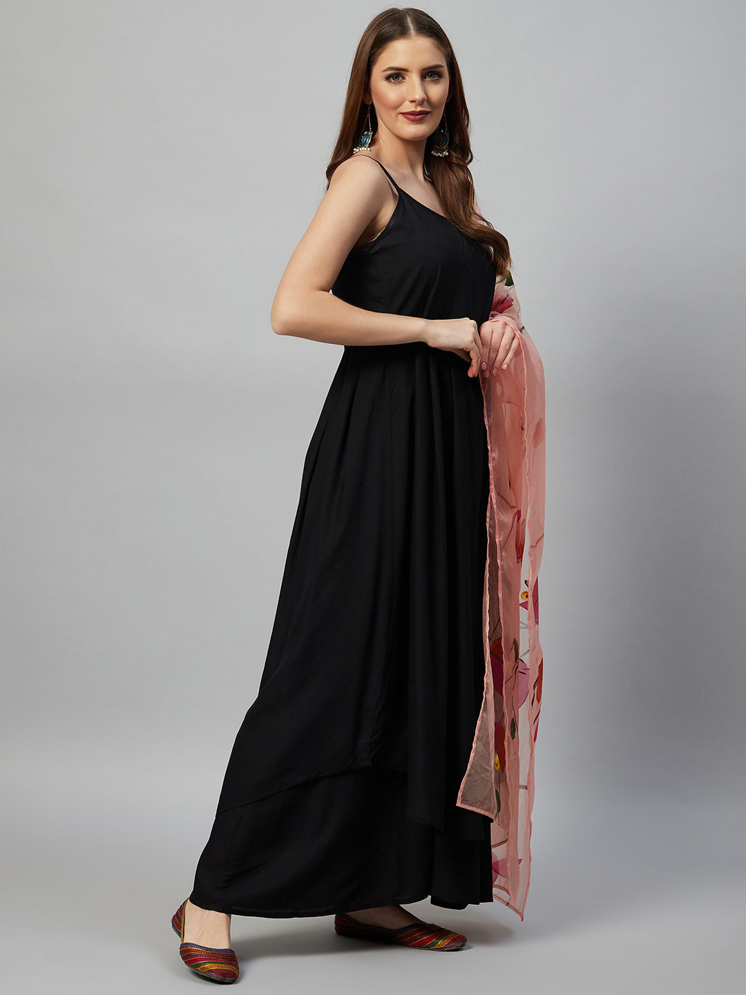 InWeave Black Strappy Set With Peach Hand Print Dupatta - Distacart