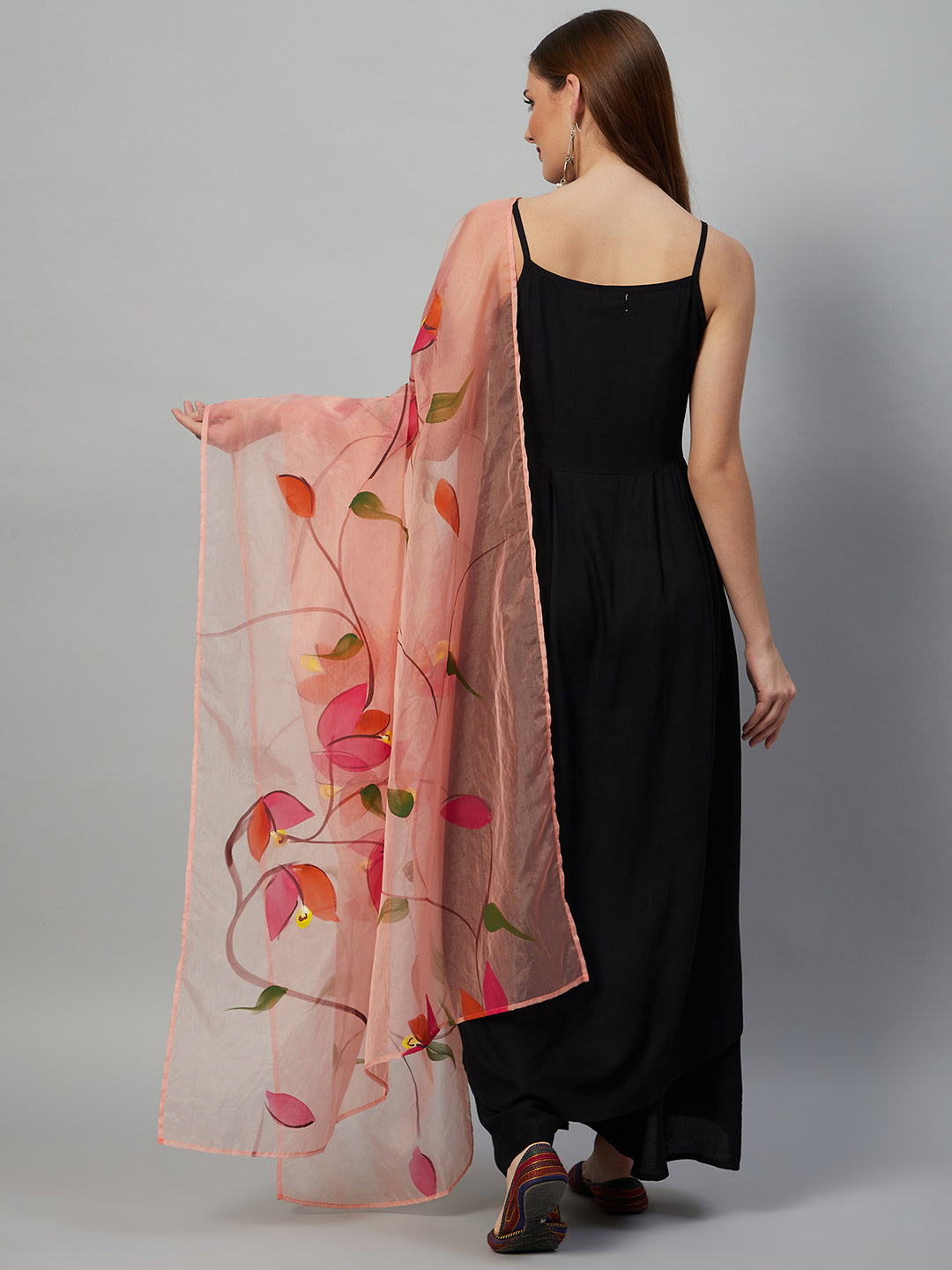 InWeave Black Strappy Set With Peach Hand Print Dupatta - Distacart