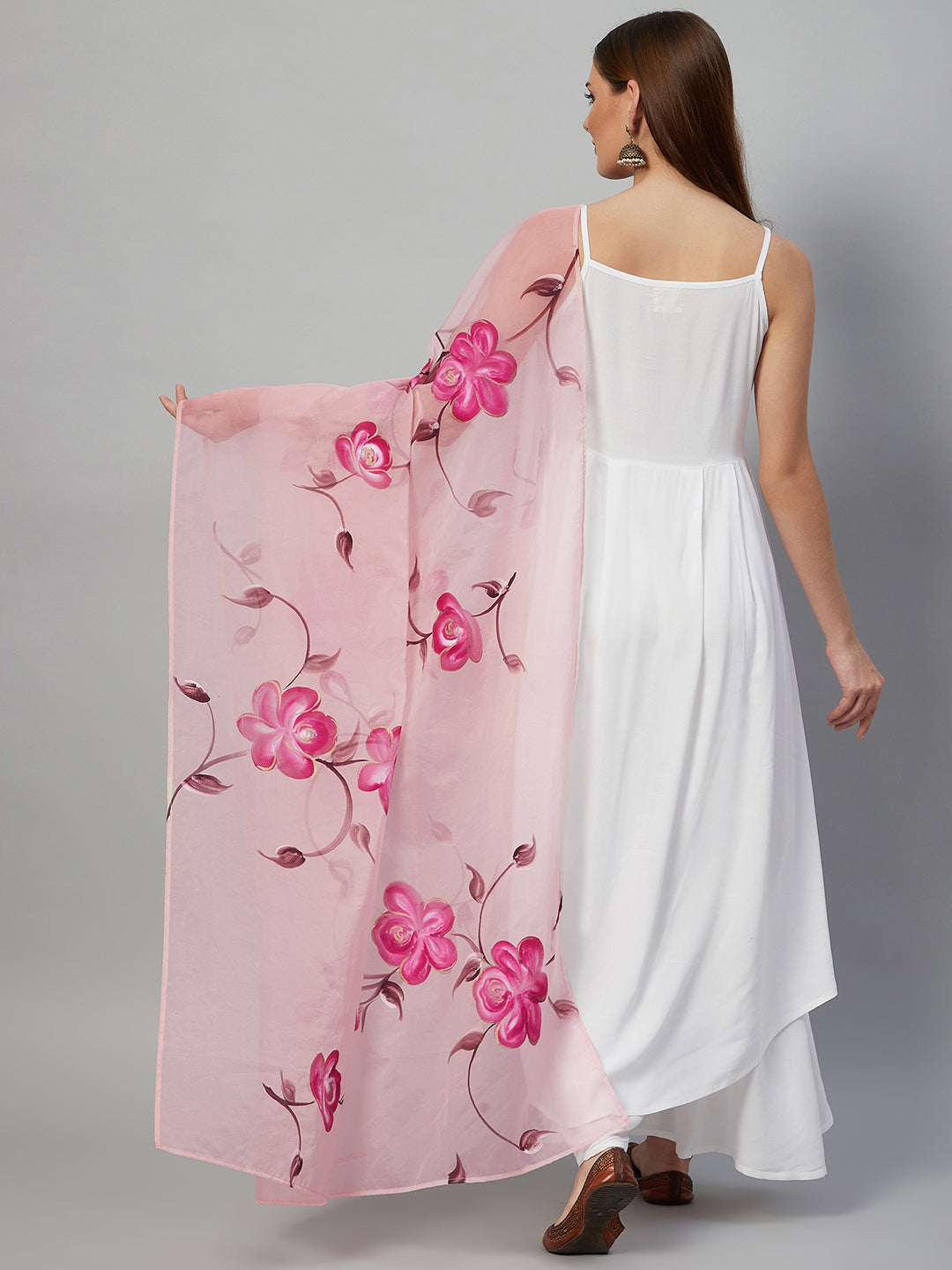 InWeave White Strappy Kurta Set - Pink Hand Print Dupatta - Distacart