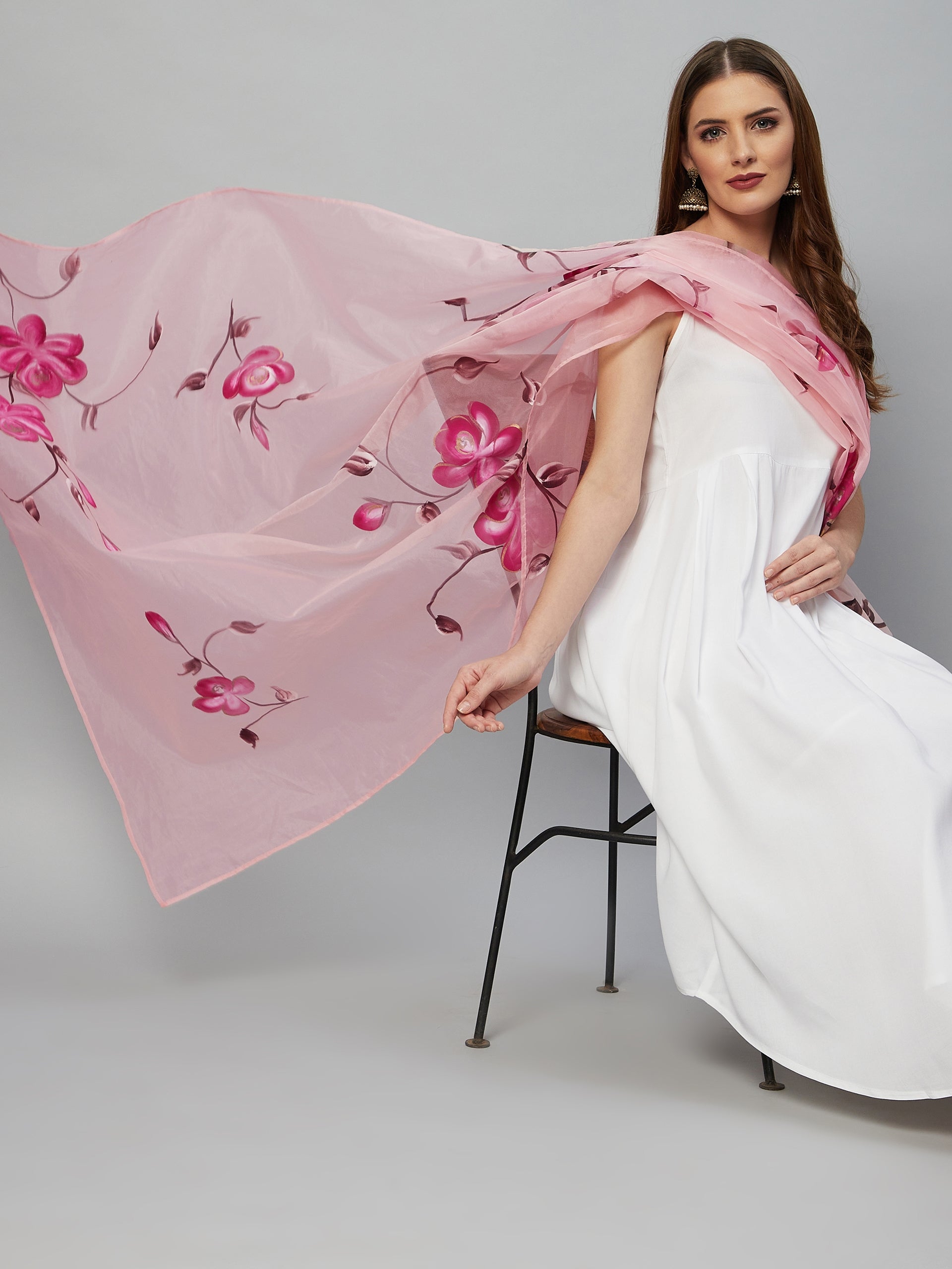 InWeave White Strappy Kurta Set - Pink Hand Print Dupatta - Distacart