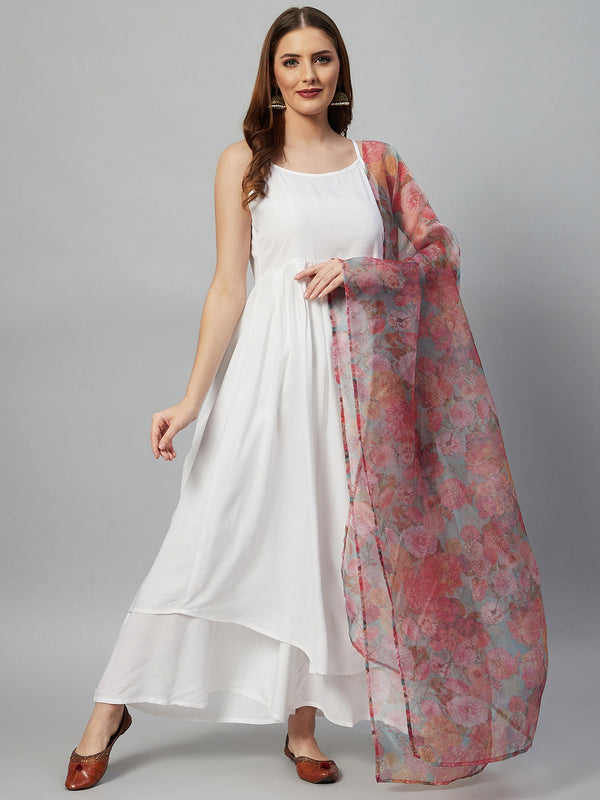 InWeave White Strappy Set - Green Organza Dupatta - Distacart