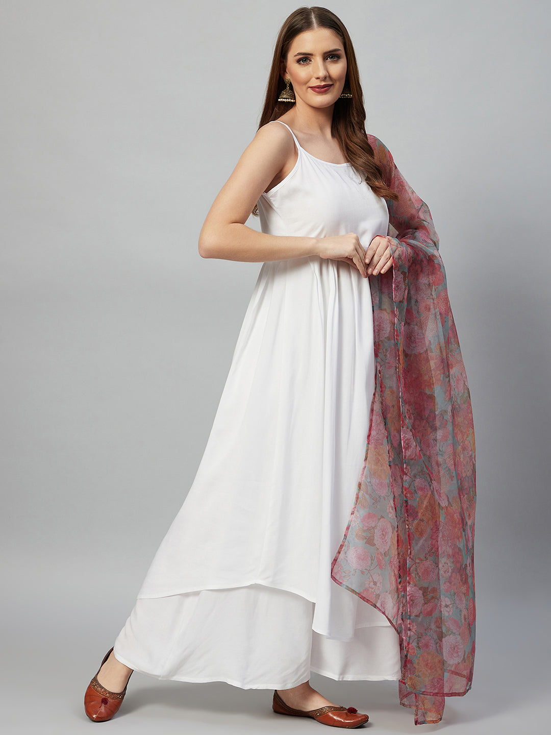 InWeave White Strappy Set - Green Organza Dupatta - Distacart