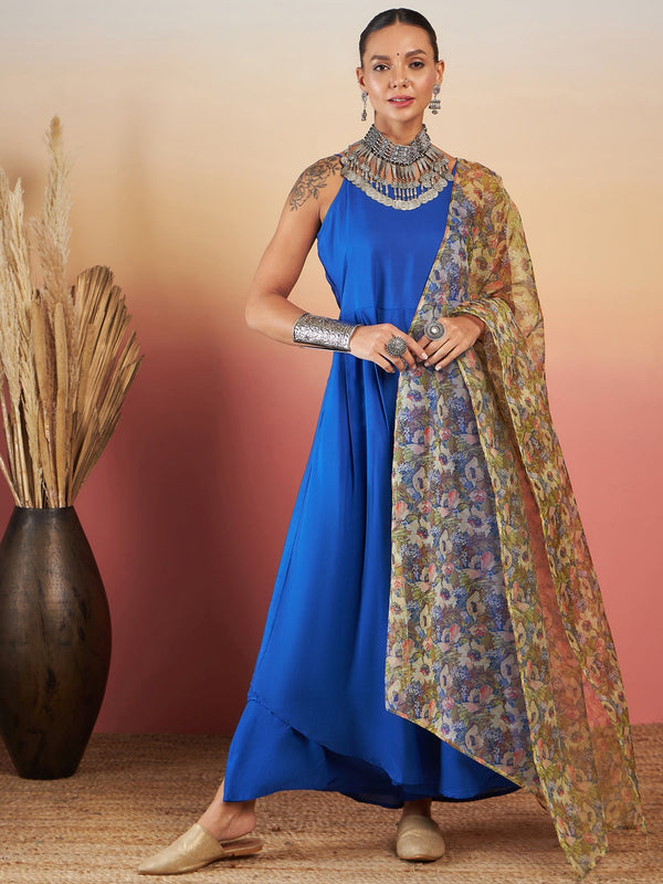 InWeave Ink Blue Strappy W Olive Liberty Print Organza Dupatta Set - Distacart