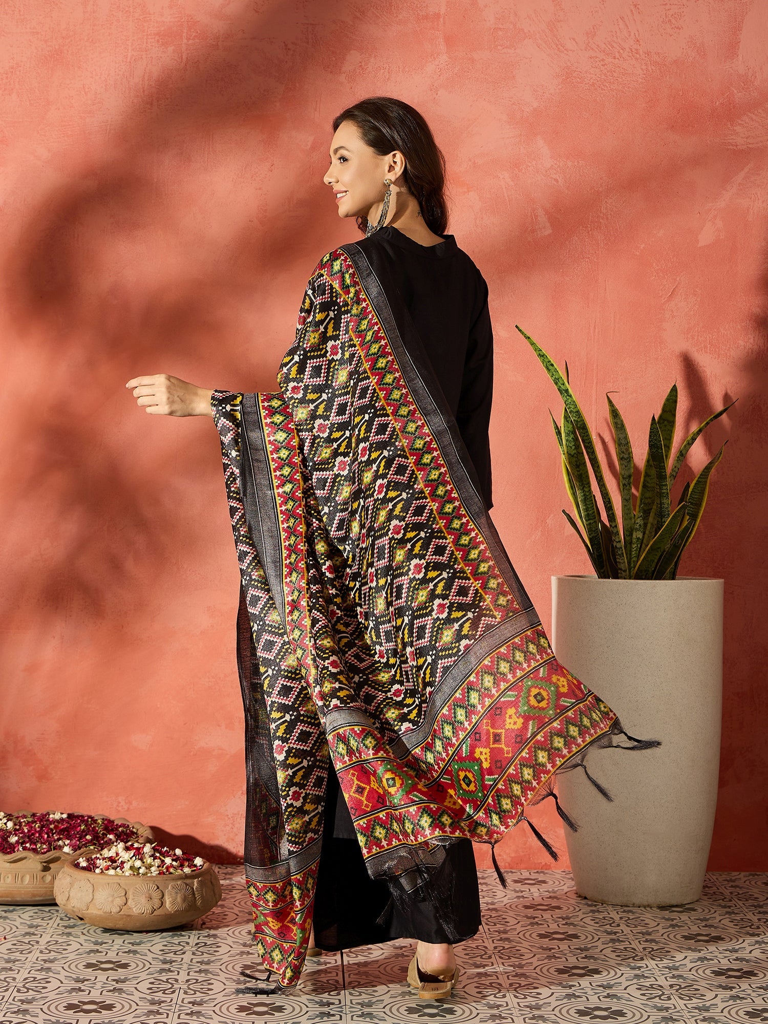 InWeave Black Mandarin Patola Kurta Set - Distacart