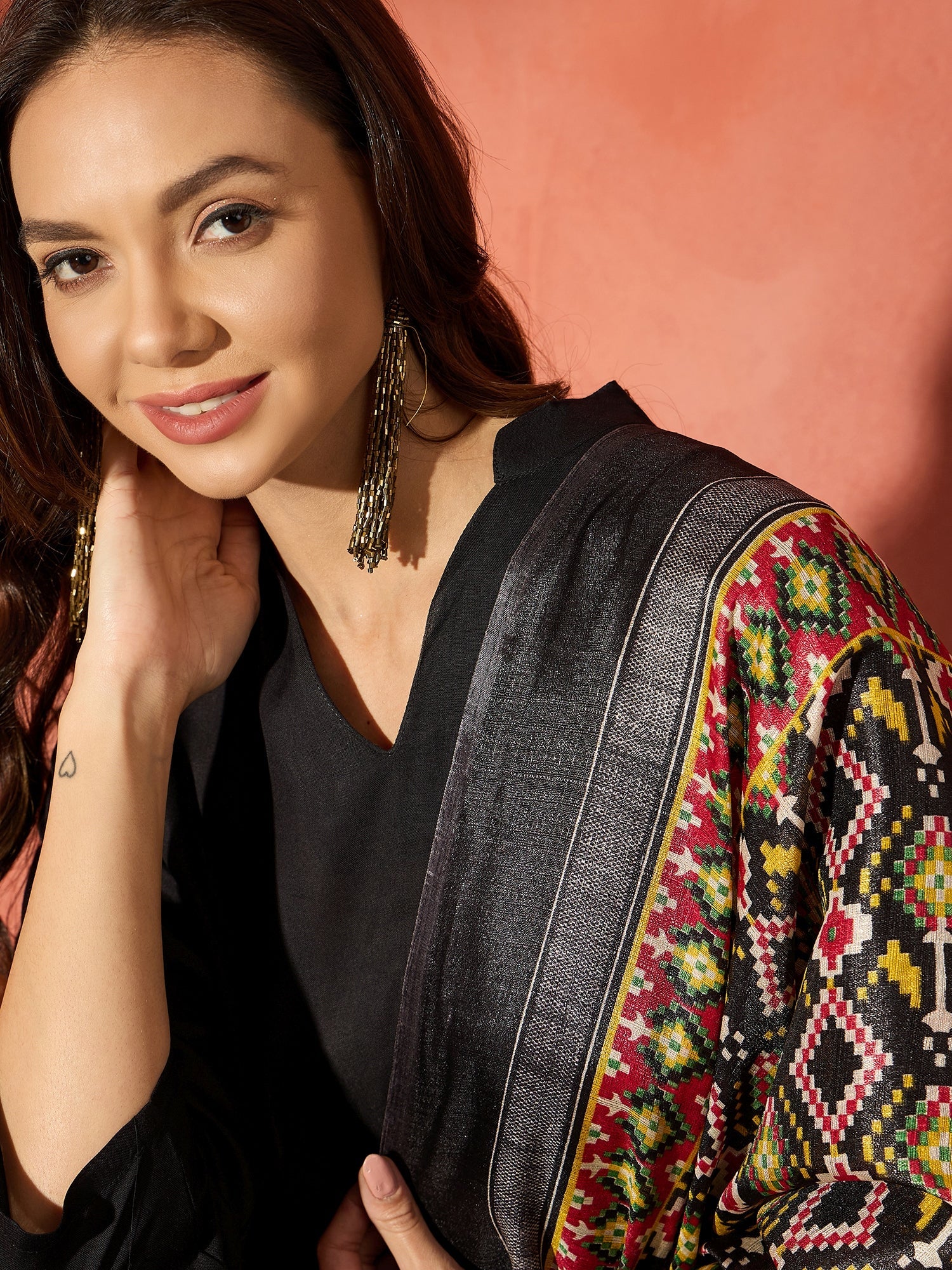 InWeave Black Mandarin Patola Kurta Set - Distacart
