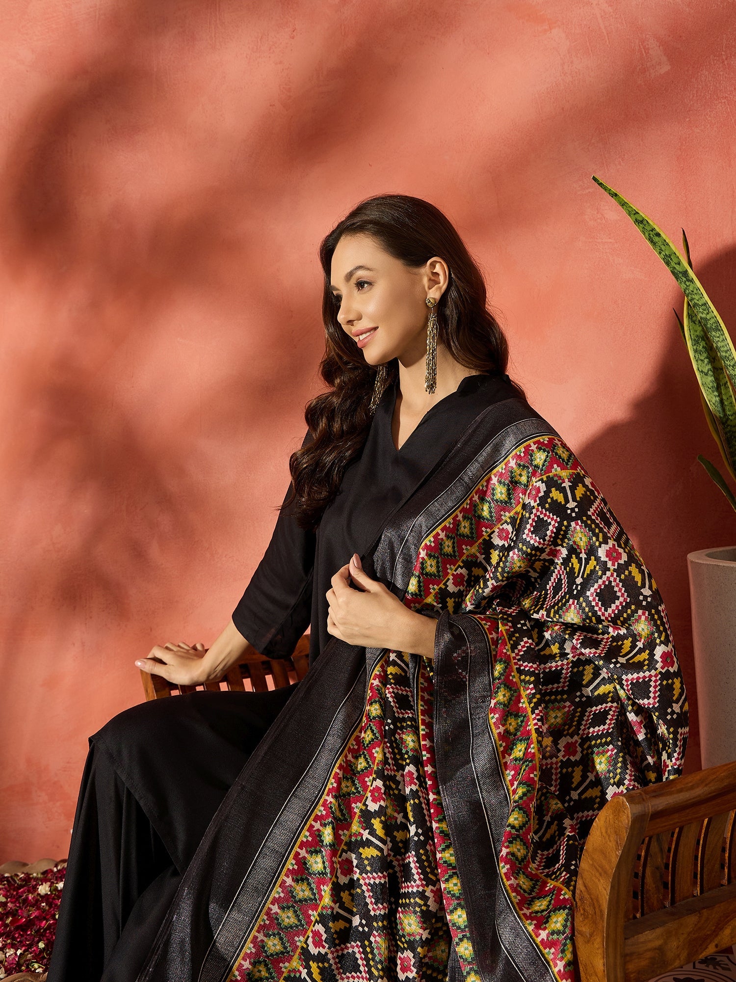 InWeave Black Mandarin Patola Kurta Set - Distacart
