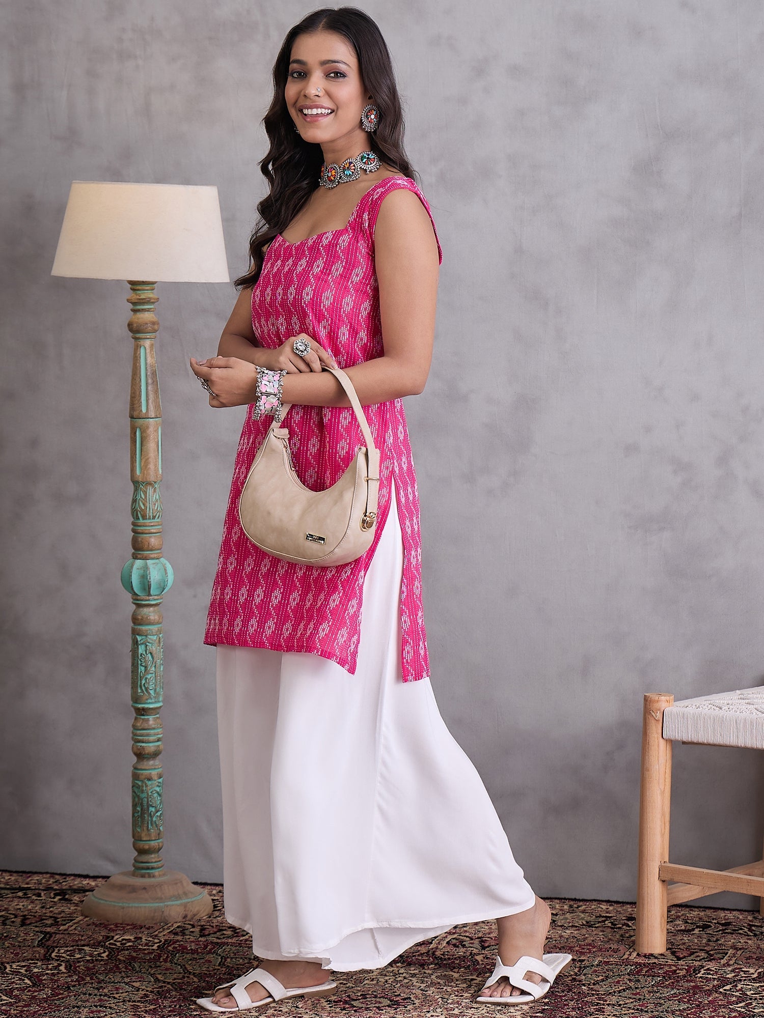 InWeave Fuchsia Kantha Cream Palazzo Set - Distacart