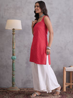 Thumbnail for InWeave Red Kantha Cream Palazzo Set - Distacart