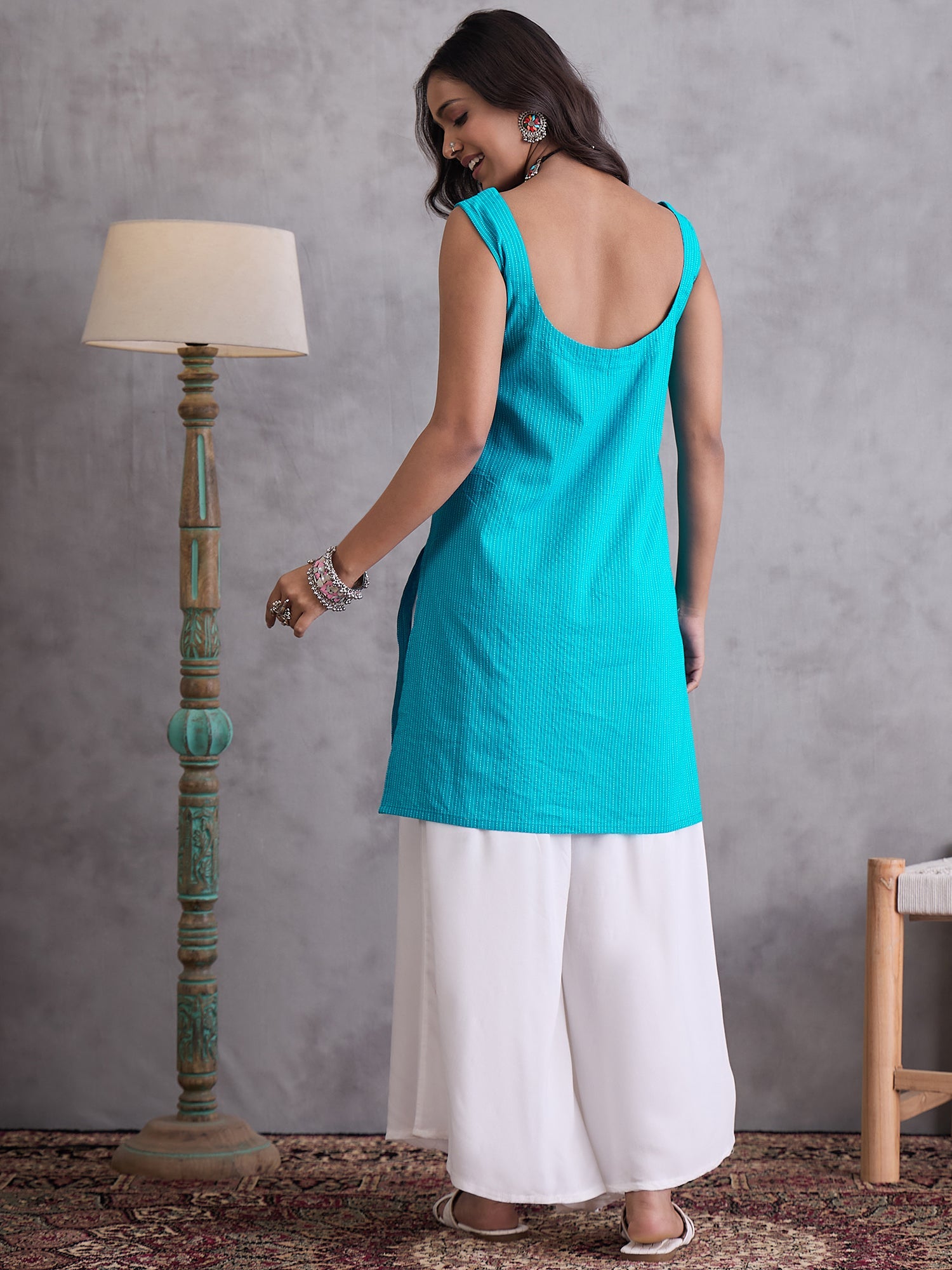 InWeave Cyan Blue Kantha Cream Palazzo Set - Distacart