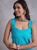 Thumbnail for InWeave Cyan Blue Kantha Cream Palazzo Set - Distacart