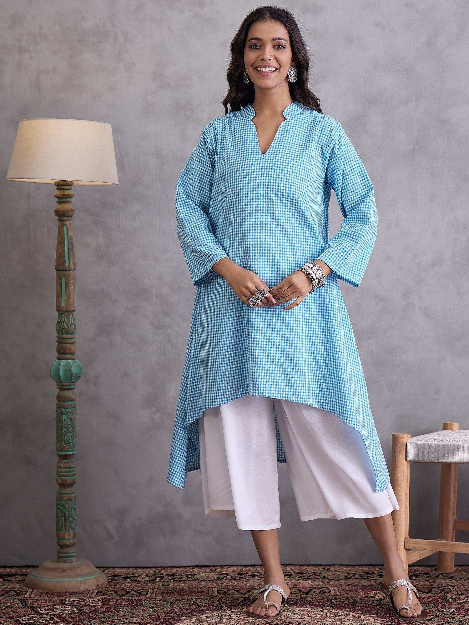 InWeave Cyan Blue Small Check Cream Palazzo Set - Distacart